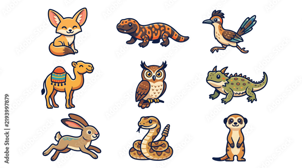Obraz premium Desert wildlife cartoon sticker pack.