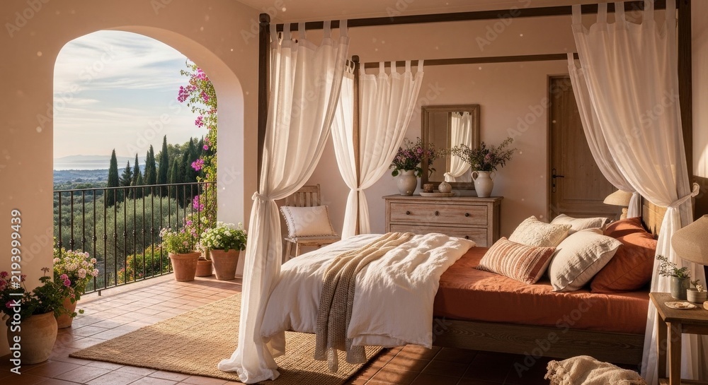 Obraz premium Luxurious bedroom with a four-poster bed and white drapes, opening to a sunlit balcony overlooking a picturesque Tuscan landscape with cypress trees and rolling hills.