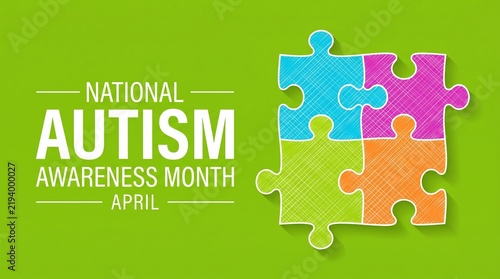 Autism awareness month puzzle pieces in april green background