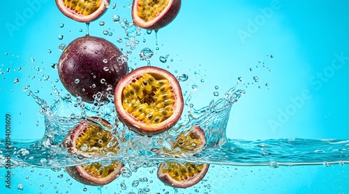 Refreshing Fruit Action in Water, Vibrant Blue Background, Photography