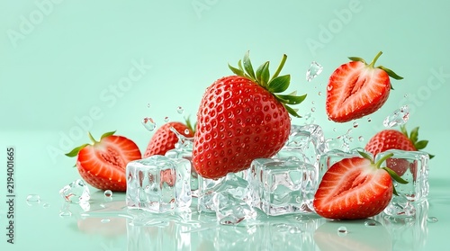 Strawberries on Ice, Culinary Delight, Bright Background, Close-Up View, Vibrant Concept
