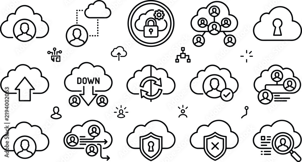 Obraz premium Cloud user management and network access security line icon set featuring profile avatars upload download arrows shields locks