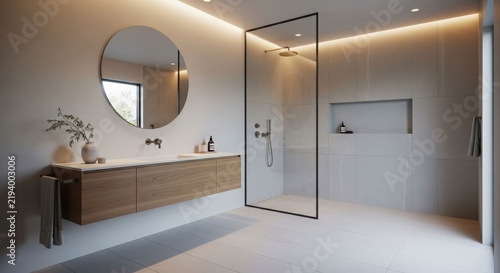 Modern minimalist bathroom featuring a floating wooden vanity, large round mirror, and a sleek glass walk-in shower.