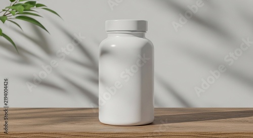 Minimalist 3D Render of a Blank White Supplement Bottle Mockup on a Wooden Table with Natural Leaf Shadows Background