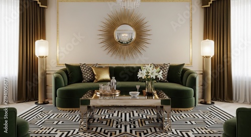 Luxurious living room with a plush green velvet sofa, gold sunburst mirror, and elegant decor elements.
