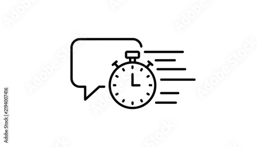 Fast service icon of stopwatch with speed motion lines and speech bubble representing quick reply or delivery.