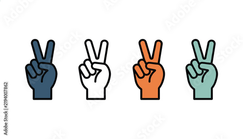 Four hands raised in the peace sign feature different retro colors, expressing unity, friendship, victory, and non-violence.