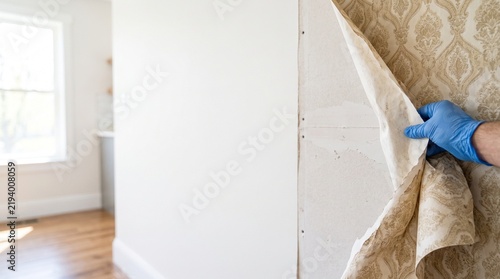 Gloved hand stripping old patterned wallpaper from a wall during home renovation project