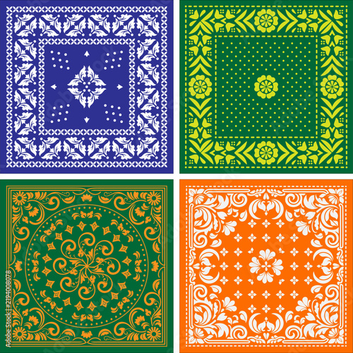 Vintage Paisley Bandana Pattern Vector Set Ornamental Square Kerchief Handkerchief Floral Scarf Graphic Template Textile Apparel Print Motif Collection Fabric Design art Illustration Drawing Flower