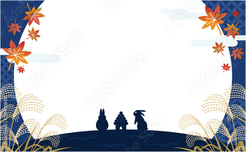 水彩風のお月見フレームイラスト：うさぎと月見団子のシルエット・ススキ・紅葉・和柄の背景素材 / Japanese Tsukimi Frame Illustration with Rabbits and Rice Cakes