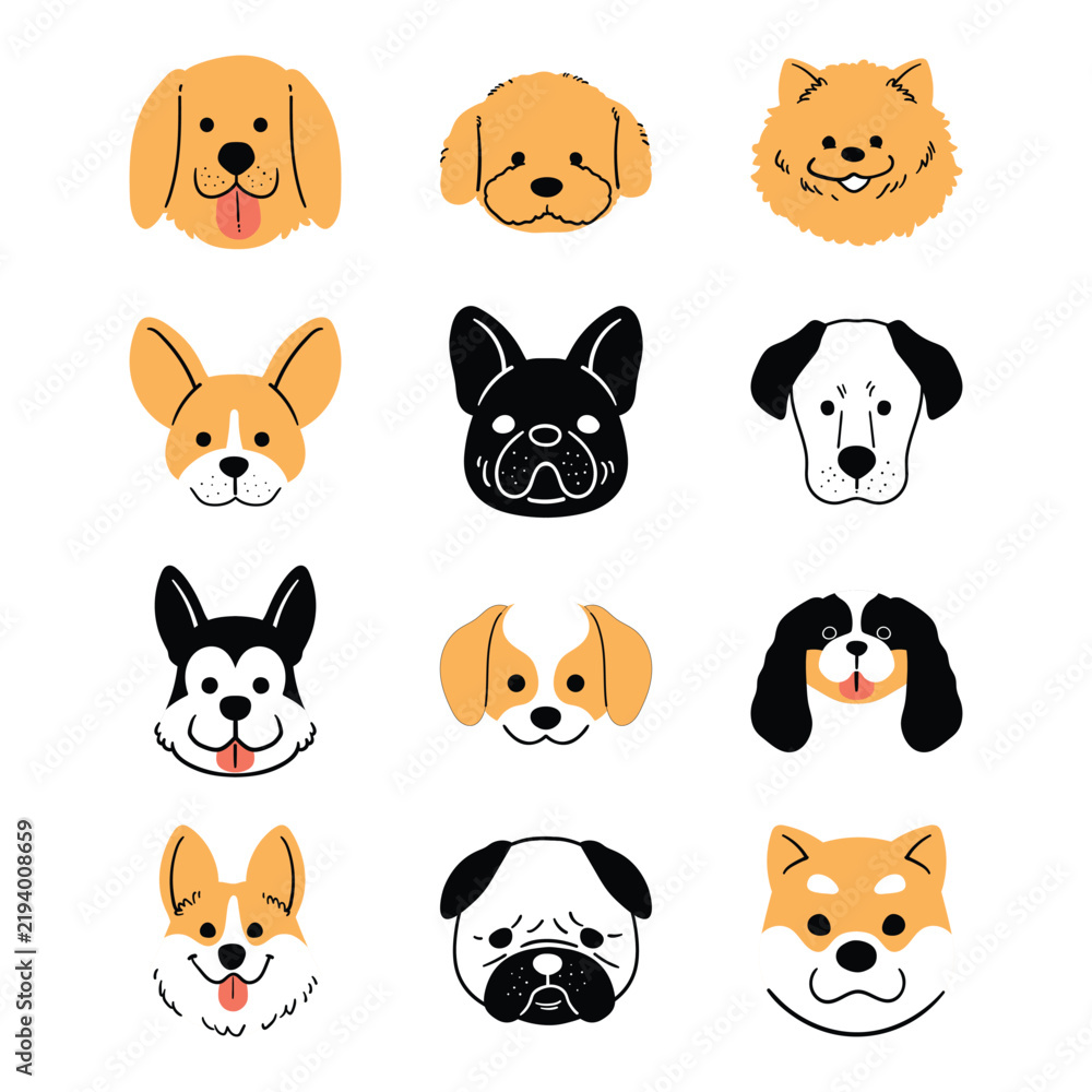 Fototapeta premium Cute Dog Faces and Breeds Cartoon Illustration Collection