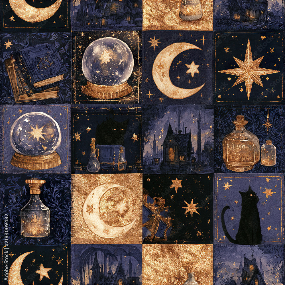 Obraz premium Dark celestial witchcraft patchwork seamless pattern featuring moons, stars, black cats, potion bottles, crystal balls