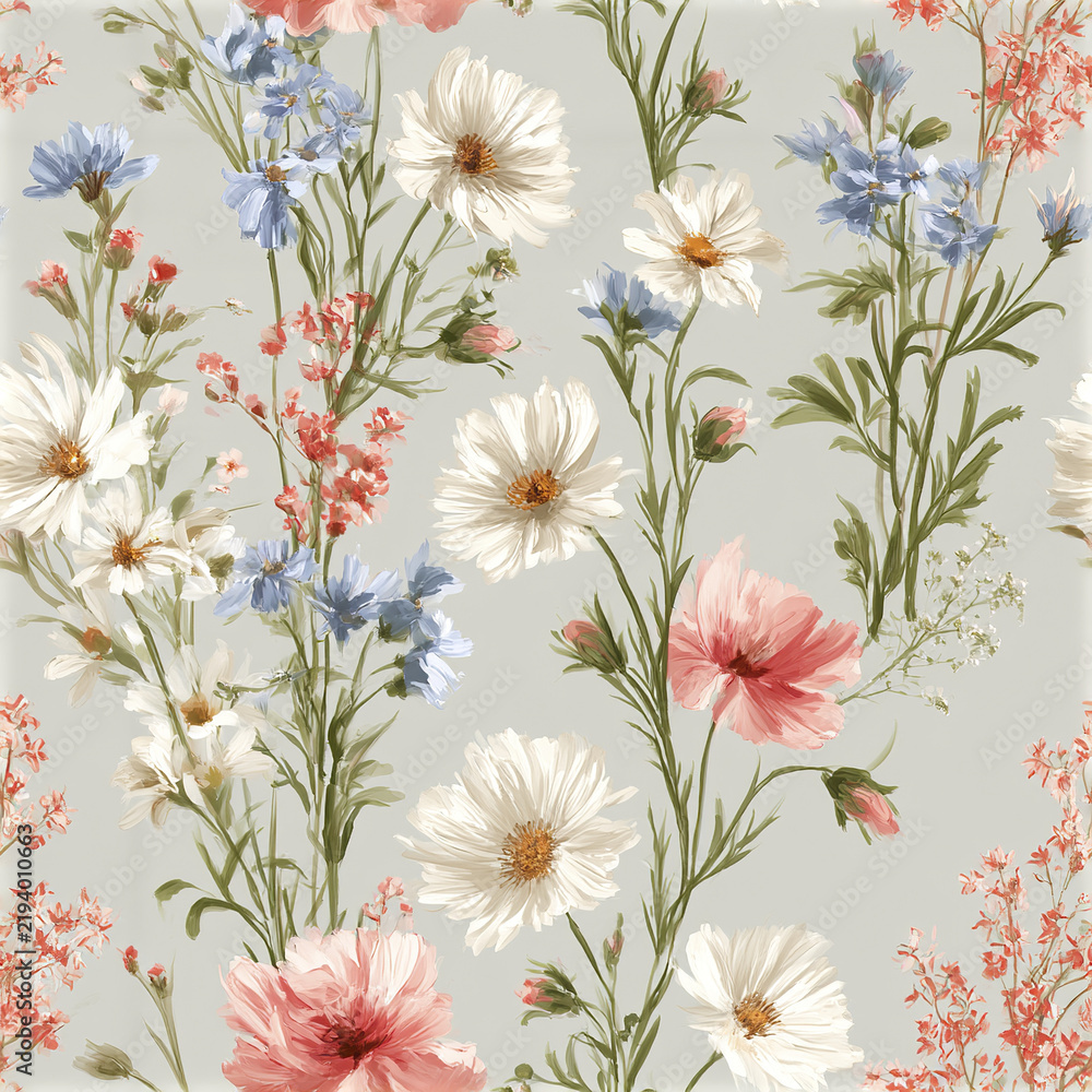 Fototapeta premium Delicate wildflower vine seamless pattern with hand painted soft white, pink, and blue flowers on light gray background