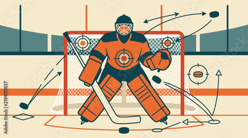 Vibrant illustration of a determined ice hockey goalie in action, skillfully defending the net against multiple shots, embodying strategic play and unwavering focus on the ice