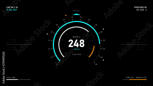 Foto Circular Racing HUD Vector - Concentric Speed and RPM Rings Around Central Digit