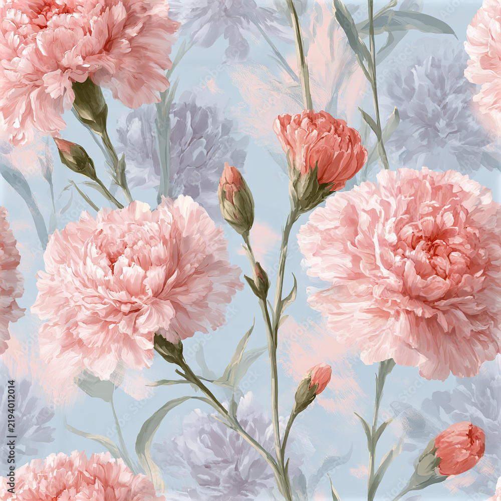 Obraz premium Dreamy pink carnation seamless pattern with large ruffle petals and soft blue background creating delicate floral design