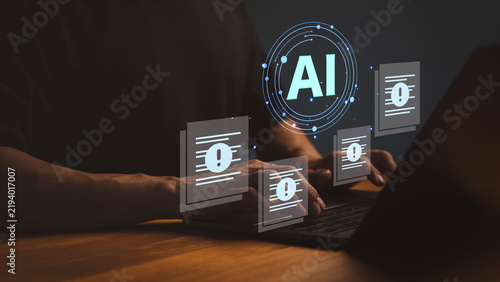 Man typing on a digital laptop computer. This artificial intelligence AI technology concept highlights a data document error and system warning alert for a modern business.