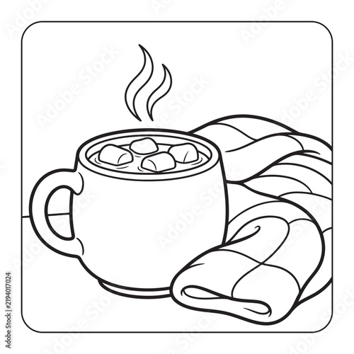 Hot Chocolate Mug with Marshmallows and Cozy Blanket Coloring Page for Kids Vector Illustration
