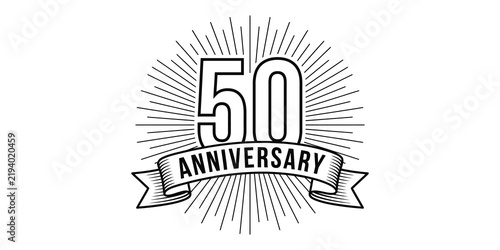Fifty year anniversary emblem with circular sunburst and elegant ribbon for corporate milestone.