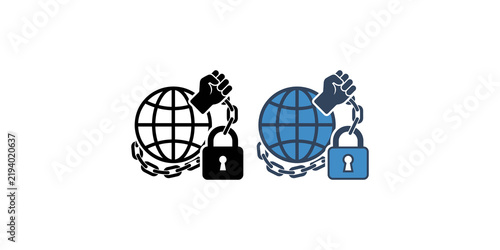 Fotografía Global internet security concept icons with globe chained to padlock and fist symbol