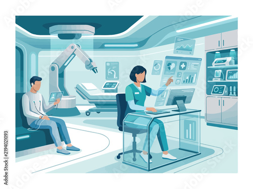 Futuristic medical clinic with robotic arm and digital health data flat vector illustration for smart healthcare concept