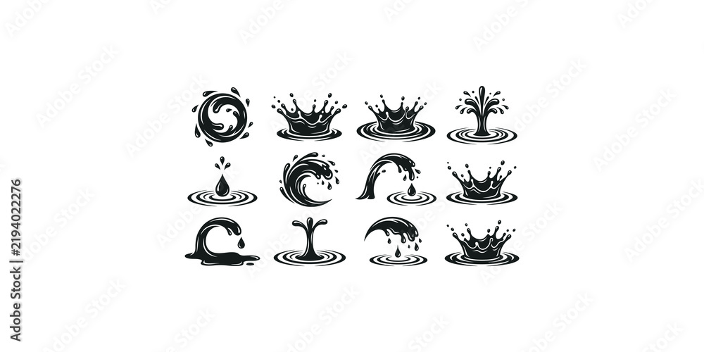 Obraz premium Set of black water splash and liquid ripple icons with fluid motion dynamics for graphic design elements.