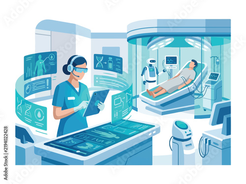 Futuristic doctor using augmented reality interfaces in smart hospital flat vector illustration for innovative healthcare technology concept
