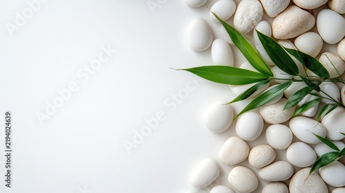 Smooth white stones with green leaves on a white background for natural decor