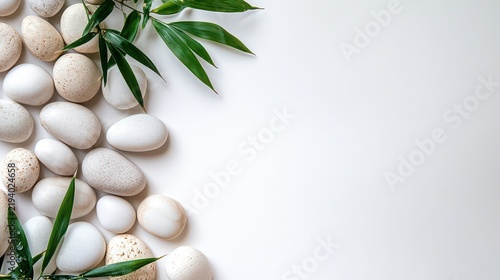 Beautiful Arrangement of White Eggs and Green Leaves on White Background