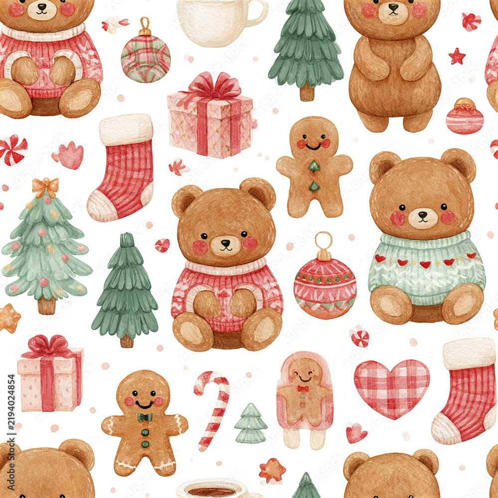 Fototapeta premium Kawaii watercolor Christmas seamless pattern with round teddy bear, gingerbread, gift box, and festive decorations