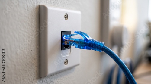 Blue ethernet cable plugged into a wall outlet in an office setting
