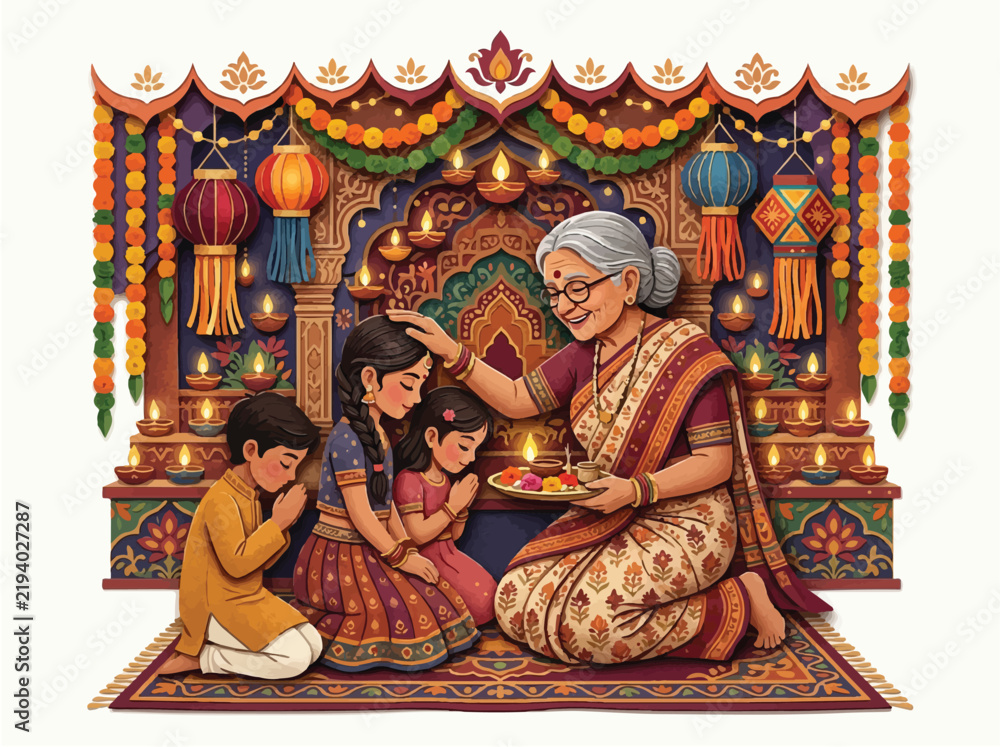 Fototapeta premium Indian grandmother blessing children during Diwali festival vector illustration for traditional celebration and family bonding concept