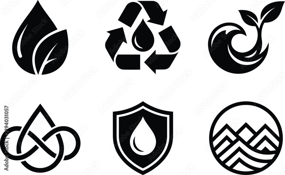 Fototapeta premium Eco friendly water conservation icons set featuring recycling loop leaf shield infinity droplet wave and mountain symbols for green branding