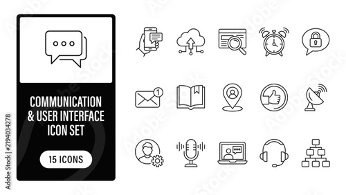 Communication and user interface icon set. Featuring speech bubble, cloud sync, alarm clock, email notification, location pin, and headset. Vector line icons for UI UX design, mobile apps