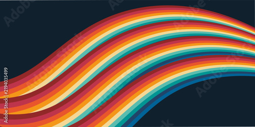 Abstract colorful 70s background vector. Vintage retro style wallpaper with lines, rainbow wavy stripes. 1970 color illustration design suitable for poster, banner, decorative, wall art.