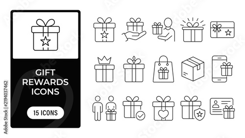 Gift rewards icon set. Featuring gift box, reward card, surprise present, loyalty program, shopping bag, and bonus offer. Vector line icons for promotion banners, e-commerce checkout, and reward apps