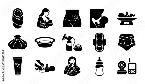 Postpartum care icon set, 15 black solid vector symbols for maternity health, newborn baby essentials and breastfeeding equipment illustrations