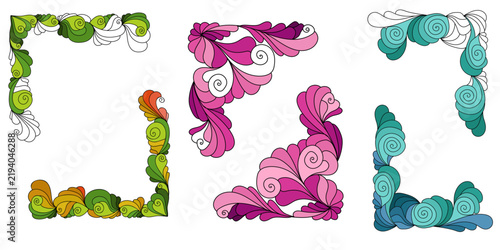 set of abstract hand drawn corner ornaments, doodle vibrant swirl patterns in green, pink and teal blue colors vector illustration