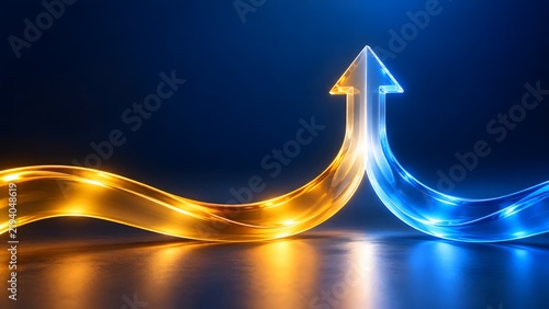 Glowing upward arrow formed by merging orange and blue glass paths symbolizing business growth synergy and financial success.