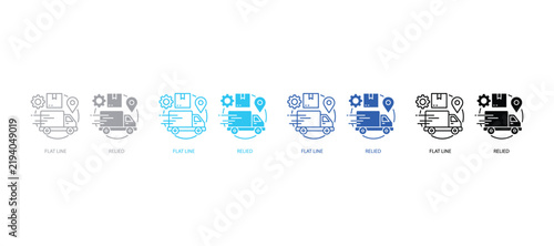 Logistics delivery truck icons featuring shipping boxes and location markers logistics delivery shipping transport location business commerce management distribution graphics