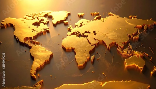 Golden 3D world map relief on a dark reflective surface