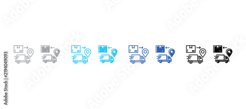 Delivery truck and shipping box icons with navigation location marker delivery logistics shipping navigation transport location distribution business commerce tracking shipment
