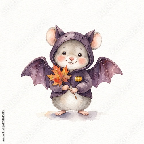 Cute mouse wearing a purple bat costume holding an autumn maple leaf on a white background