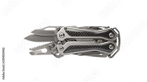 Professional multitool with carbon fiber handle, stainless steel folding pocket knife and utility tools, heavy duty tactical multi-tool for camping and survival isolated PNG with Transparent