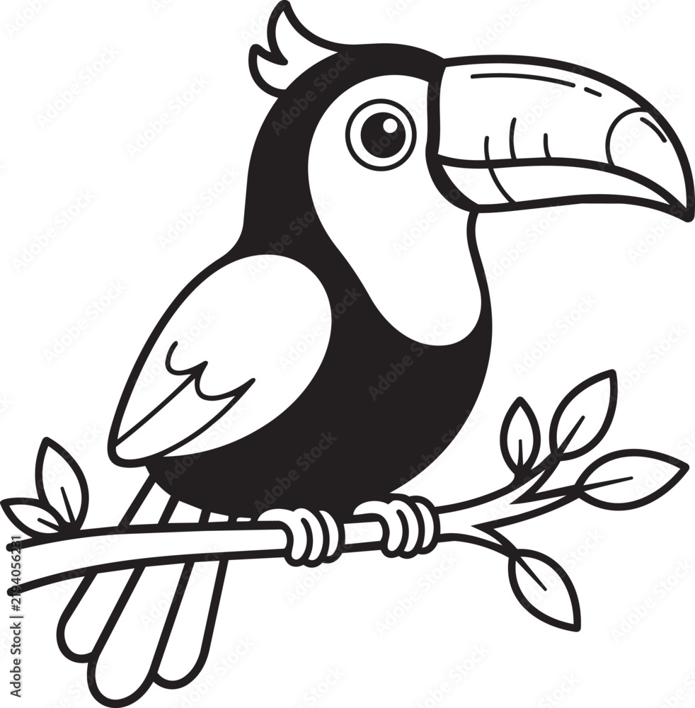 Fototapeta premium cute toucan bird sitting on a leafy branch vector illustration