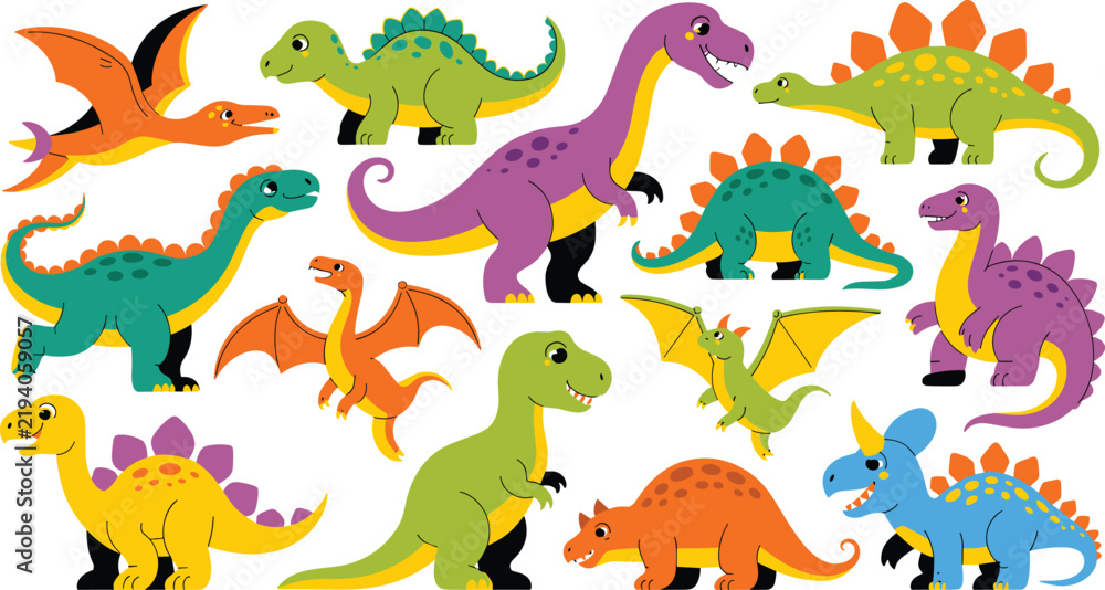 Obraz premium Cute cartoon dinosaurs collection featuring colorful prehistoric characters tyrannosaurus rex triceratops stegosaurus pterodactyl diplodocus and tiny dragons vector isolated illustration