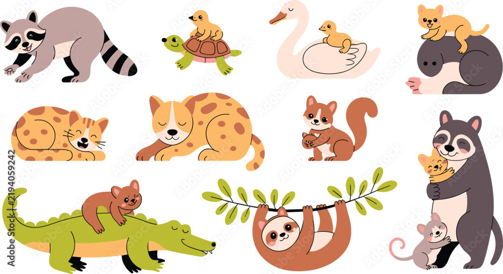 Fototapeta premium Cute mother and baby animals vector collection featuring adorable forest and jungle wildlife families isolated on white background for nursery design decoration