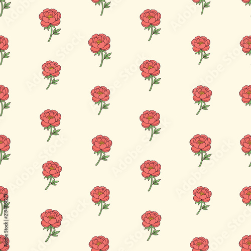 Seamless Red Peony Floral Pattern on Cream Background