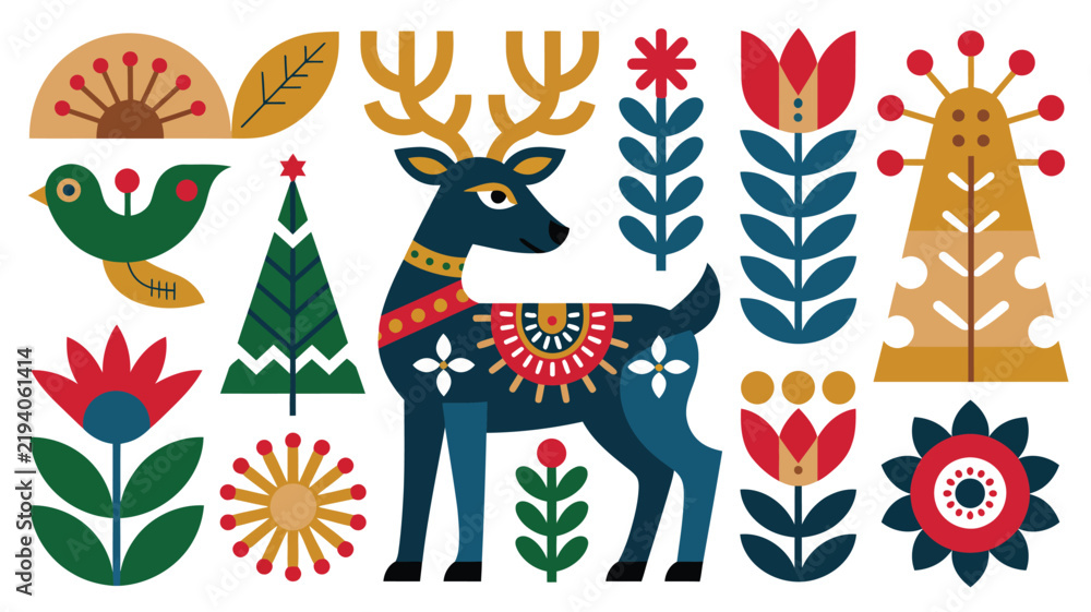Fototapeta premium Folk art style christmas illustration with a decorative reindeer, stylized trees, and floral elements