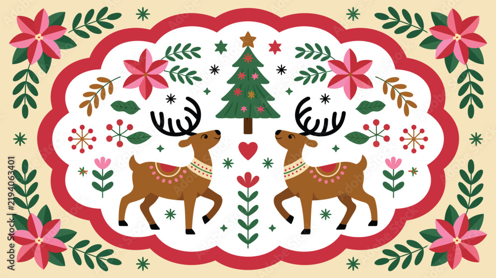 Fototapeta premium Christmas pattern with cute reindeer and decorated fir tree, folk art style illustration with poinsettia flowers and festive elements for holiday design